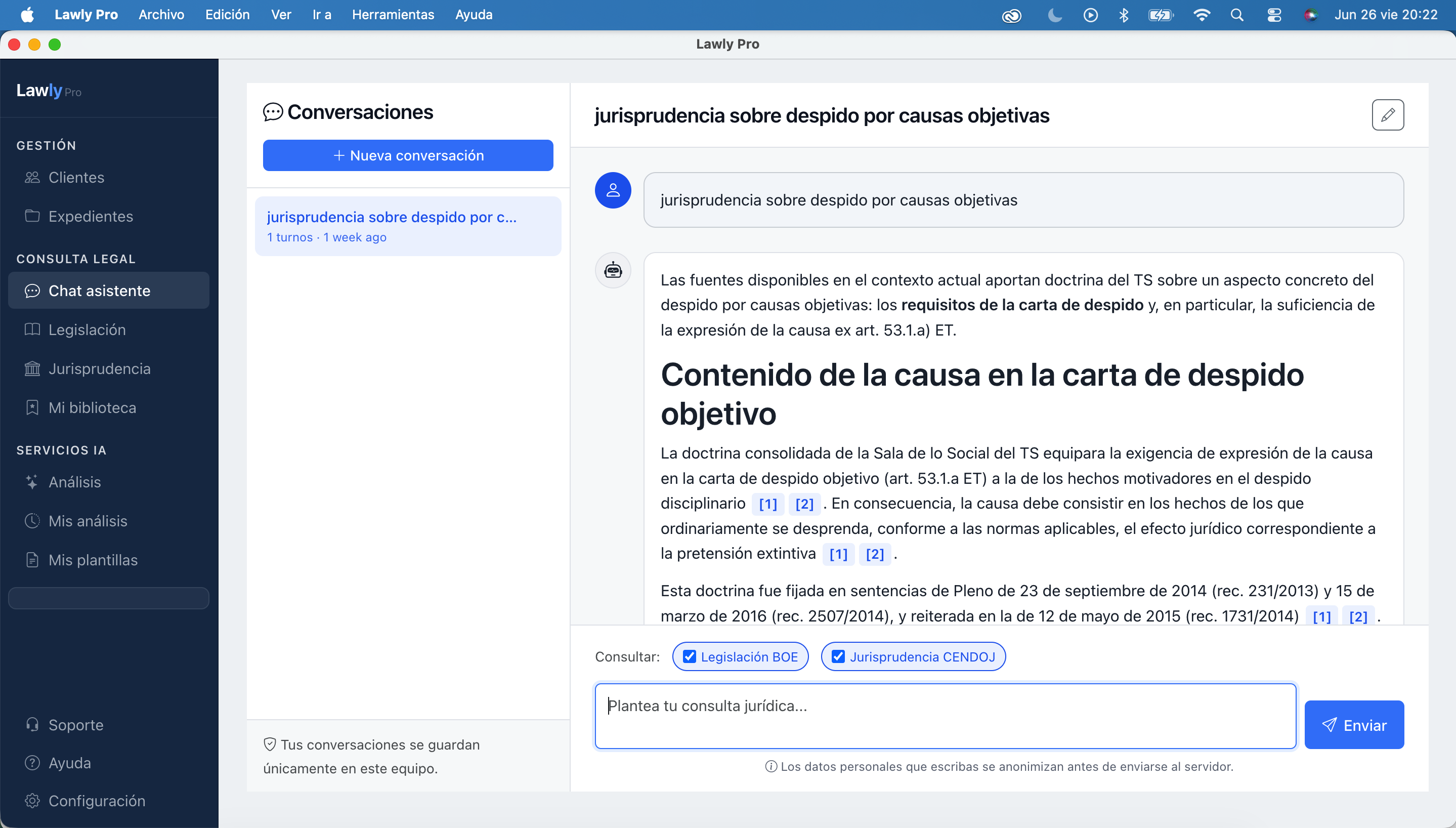 Chat asistente jurídico en Lawly Pro
