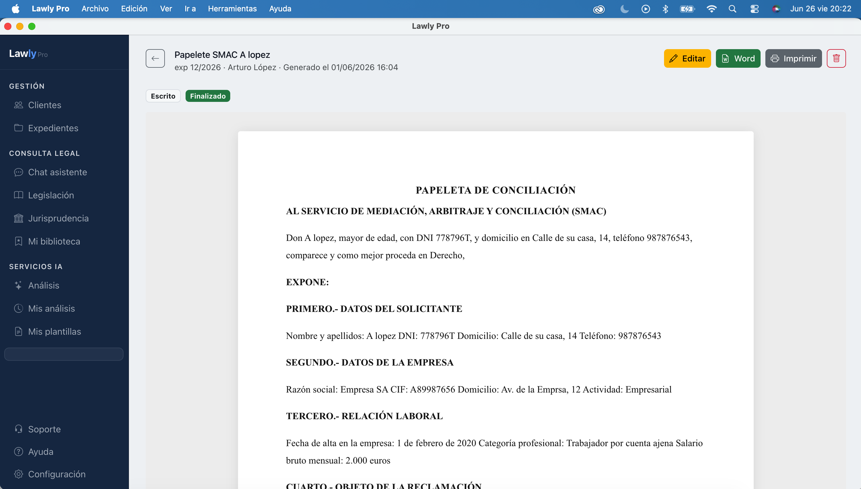Generación de escritos en Lawly Pro